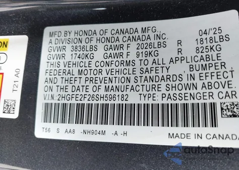2025 Honda Civic Lx z USA, uszkodzony, nr VIN 2HGFE2F26SH596182